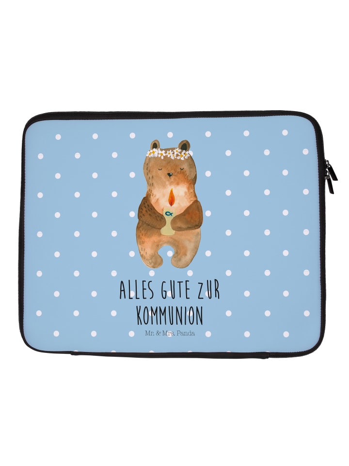 Laptophülle Bär Kommunion mit Spruch in Blau Pastell