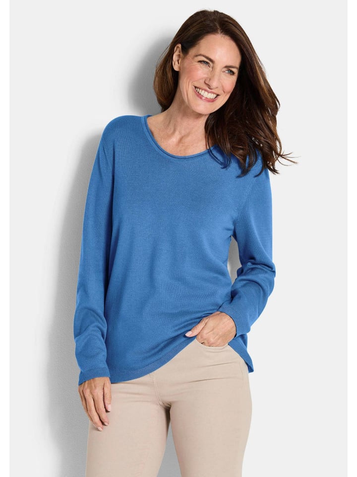 Edler Feinstrickpullover, V-Ausschnitt in blau