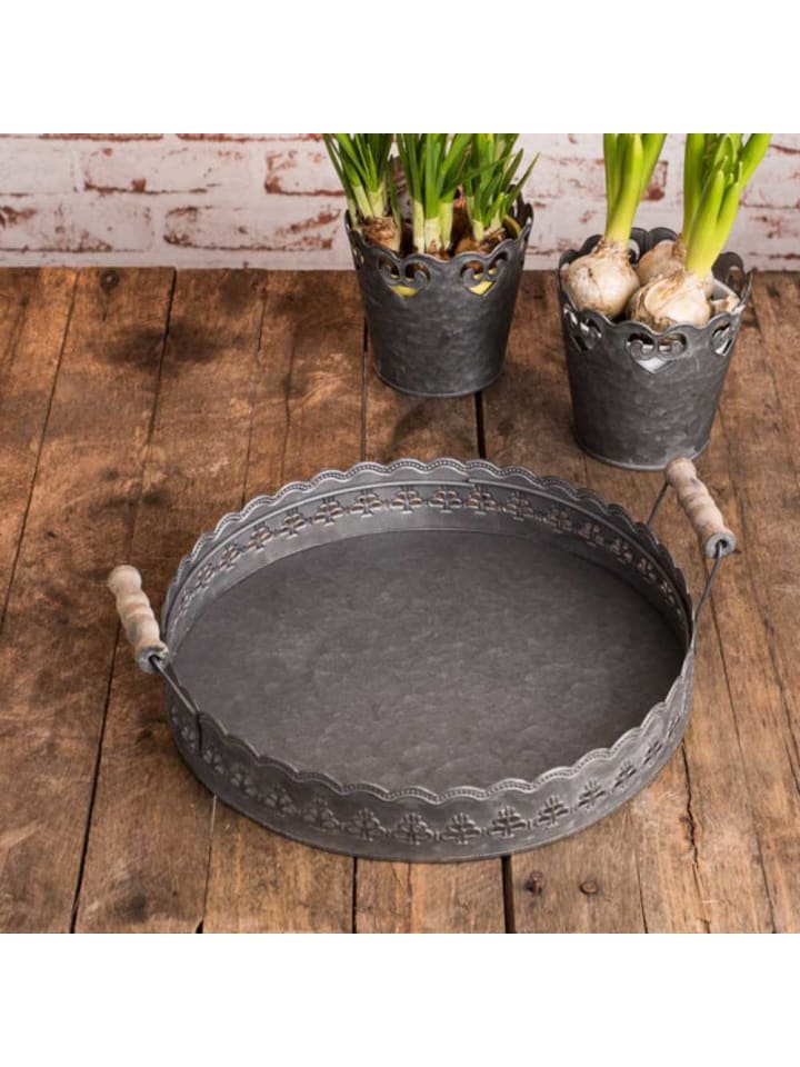 Deko Tablett FELINI Rund Klein Zink mit Holzgriffen 30 cm