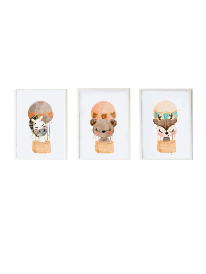 3er-Set Wandbildern mit Tieren in Weiß – (B)33 x (H)43 x (T)2 cm