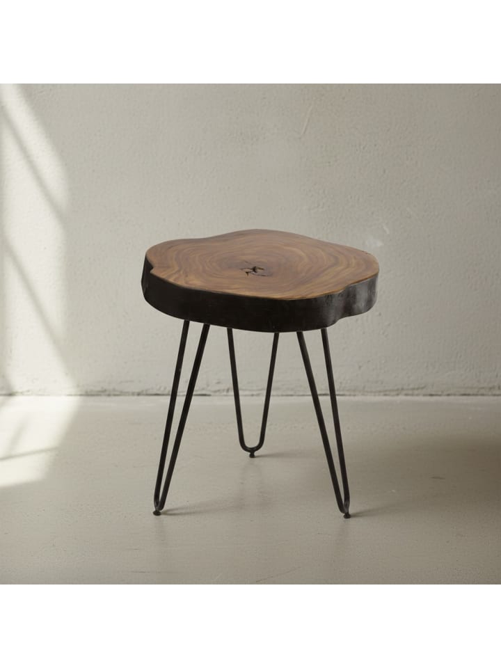 Beistelltisch Massivholz | Baumstammoptik, Metallbeine, Robust in Braun
