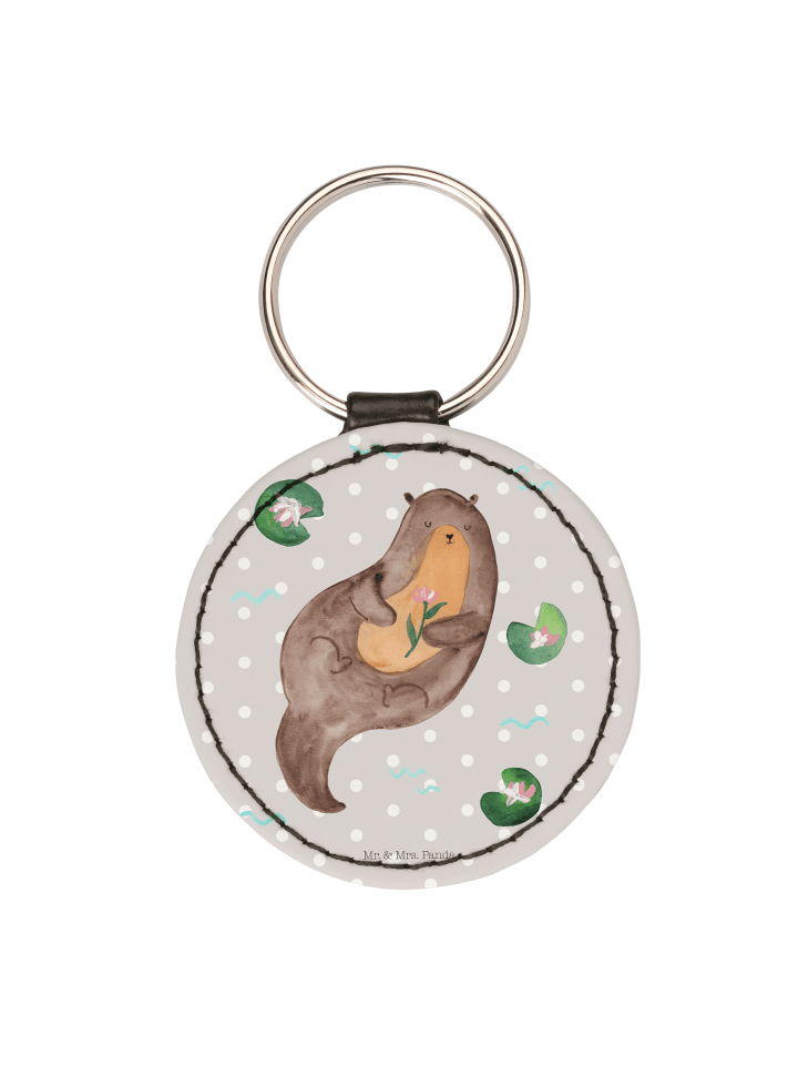 Rund Schlüsselanhänger Otter Seerose ohne Spruch in Grau Pastell