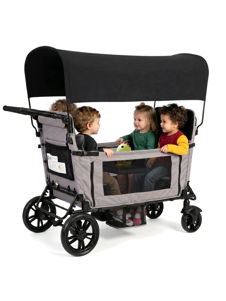 Kinderwagen in Hellgrau faltbar für 4 Kinder Sitz zu Liege Umwandelbar mit Sonnendach