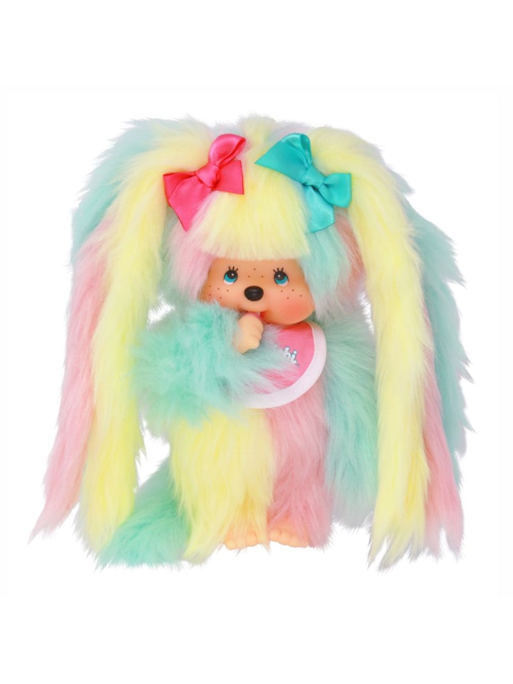 Mädchen mit buntem Fell & Zöpfen | 20 cm | Monchhichi Puppe | Fashion Dress