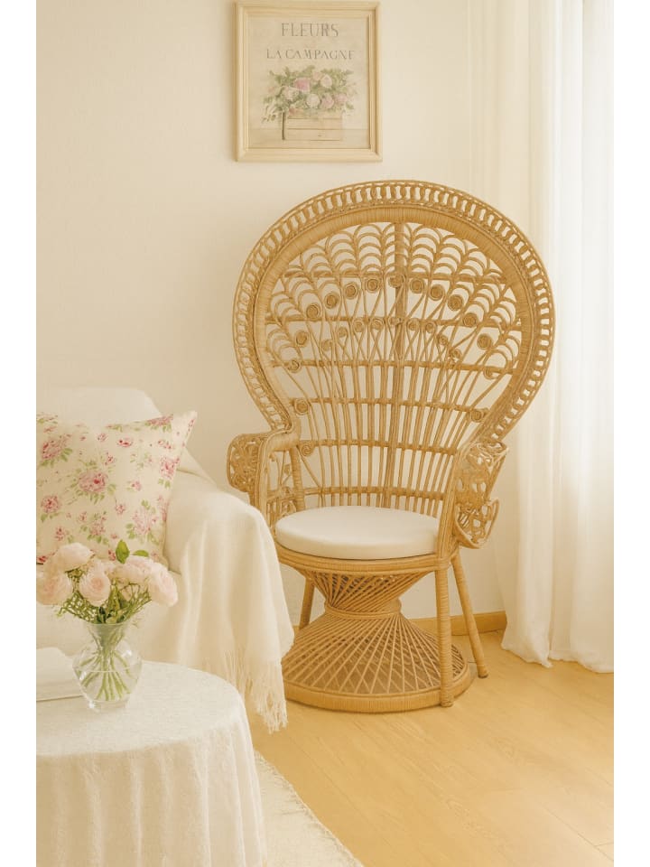 Rattansessel Pfauenthron mit Sitzkissen in grau