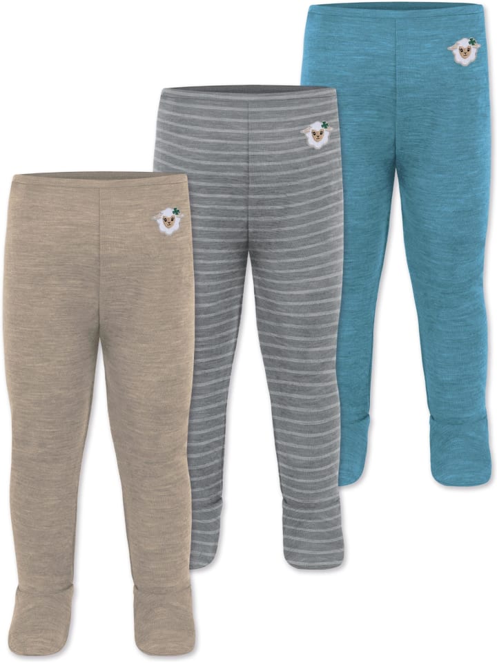3er Pack Baby Merino Unterhose mit Füßen in Blau/Grau/Beige