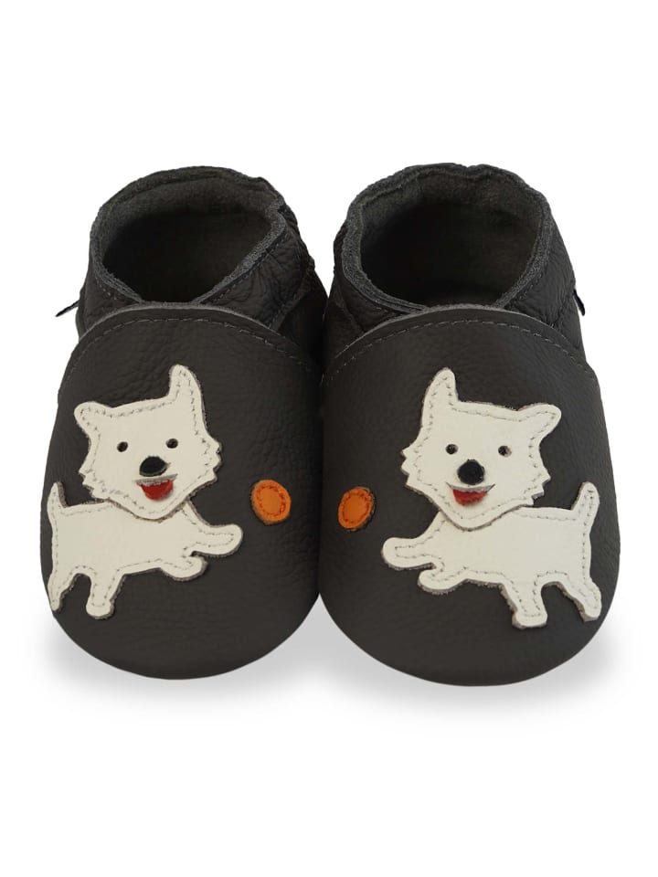Schwarze Babyschuhe aus Leder für Kleinkinder, rutschfeste Sohlen - Welpenmuster