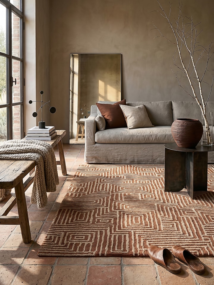 Teppich Kurzflor Strapazierfähig ARLEN Labyrinth Muster Modern in Terrakotta