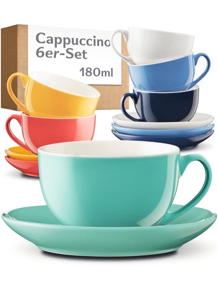 Cappuccino Tassen Set 6er mit Untertassen – Kaffeetassen Keramik 180ml