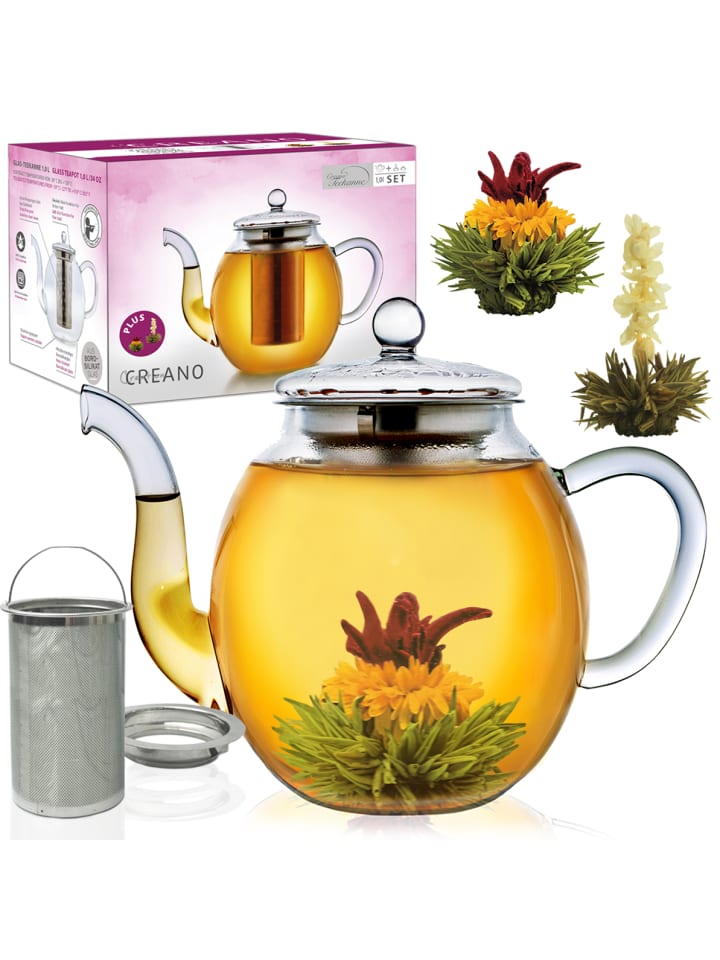 Teekannen-Geschenkset 1x Teekanne 1.0l inkl. 2 Teeblumen Grüner + Weißer Tee