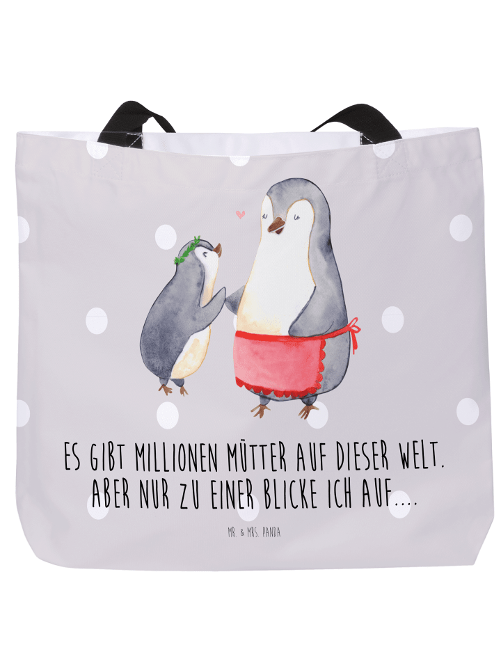 Tasche Pinguin mit Kind mit Spruch in Grau Pastell