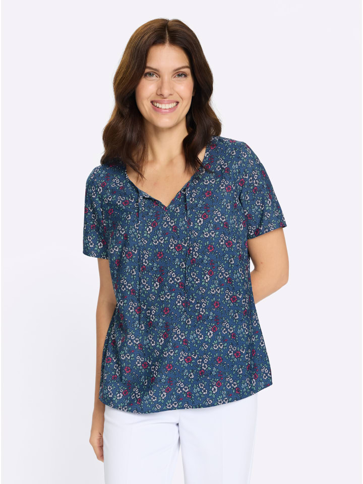 Druck-Bluse in jeansblau-fuchsia-bedruckt
