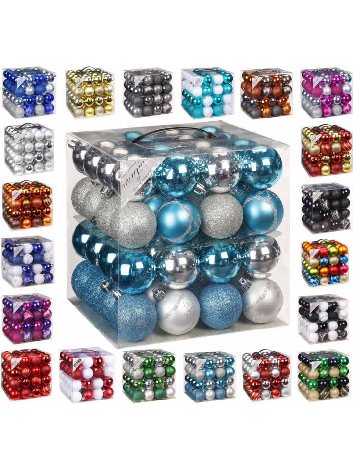 64x Kunststoff Christbaumkugeln 6cm Kugeln in Türkis / Silber