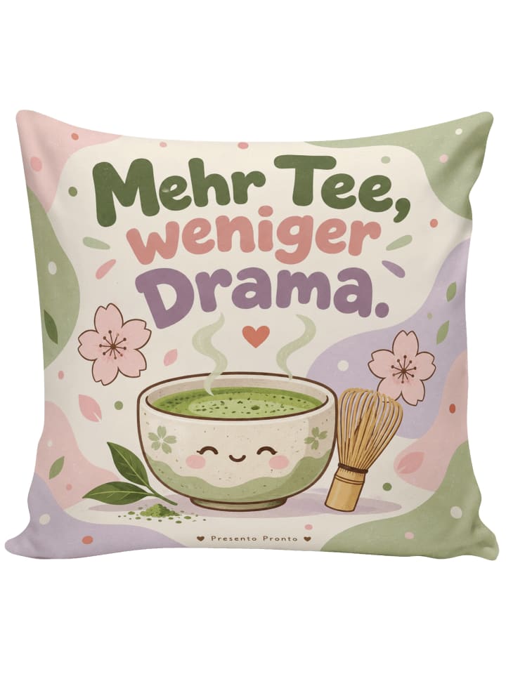 Kissen Matcha-Schale kawaii Design mit Spruch in Weiß