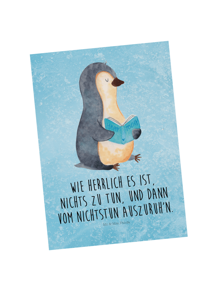 Postkarte Pinguin Buch mit Spruch in Eisblau
