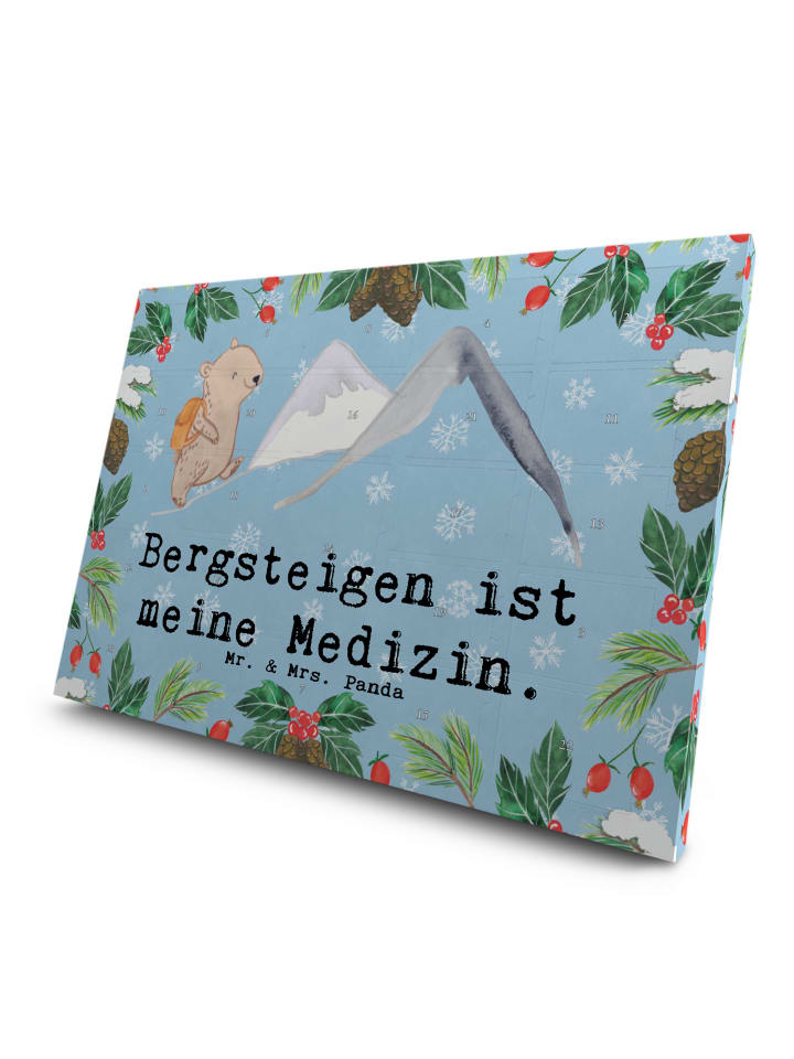Tee-Adventskalender Bär Bergsteigen mit Spruch in Eisblau