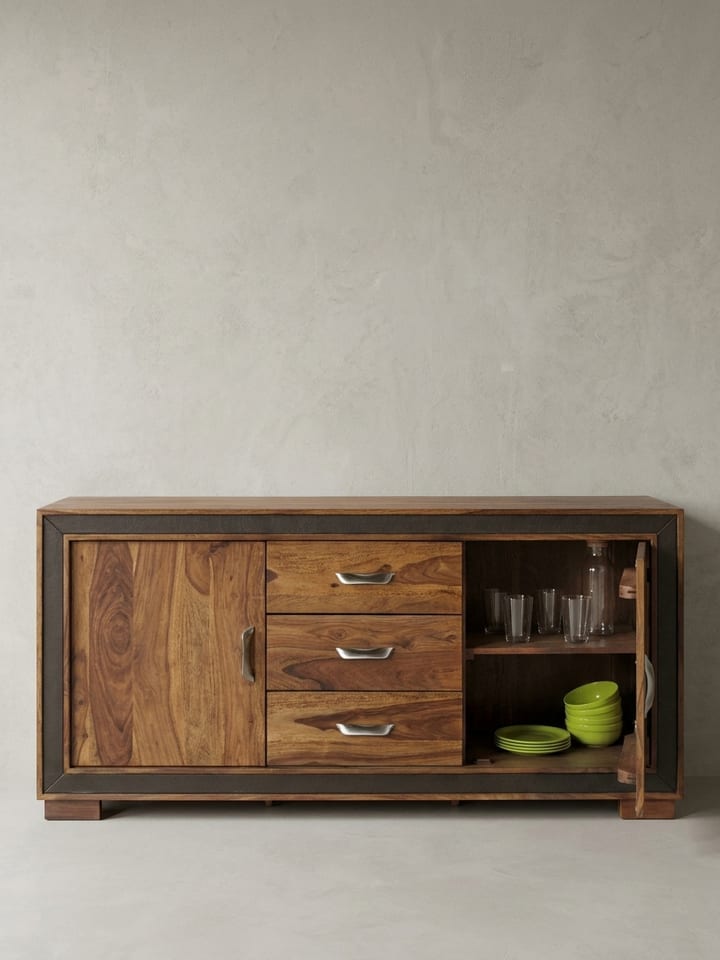 Design Sideboard Massivholz mit Kunstleder 160x44x80 cm