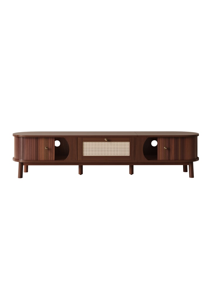 TV-Schrank in Braun mit Naturholztüren und Rattan-Schubladen