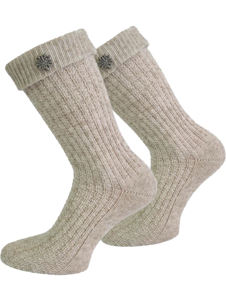 Trachtensocken mit Edelweiß-Pin in Naturmelange
