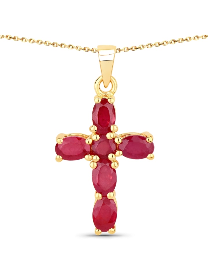 Kette Kreuz aus Sterling Silber mit Rubin (glasgefüllt) in gelbgold