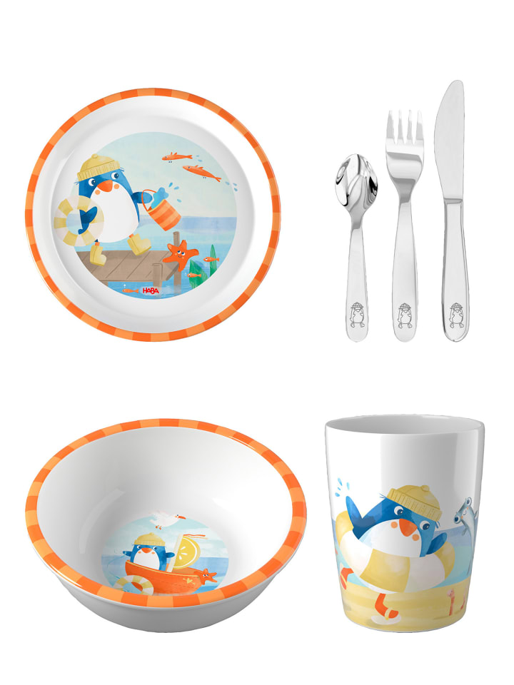 Geschirr-Set Schüssel, Teller, Becher & Besteck in Pinguin