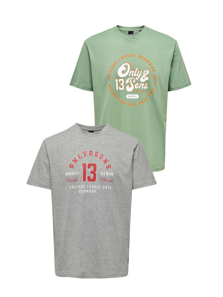 2er-Set Print T-Shirt Rundhals Vintage Design Shirt ONSLENNY in Grau-Grün