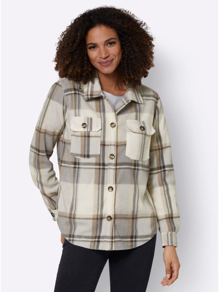 Fleece-Bluse in champagner-steingrau-kariert