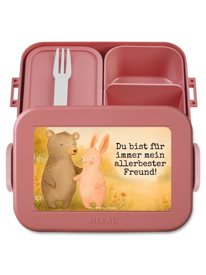Lunch Box Bär und Hase Umarmen Design mit Spruch in Rot Pastell