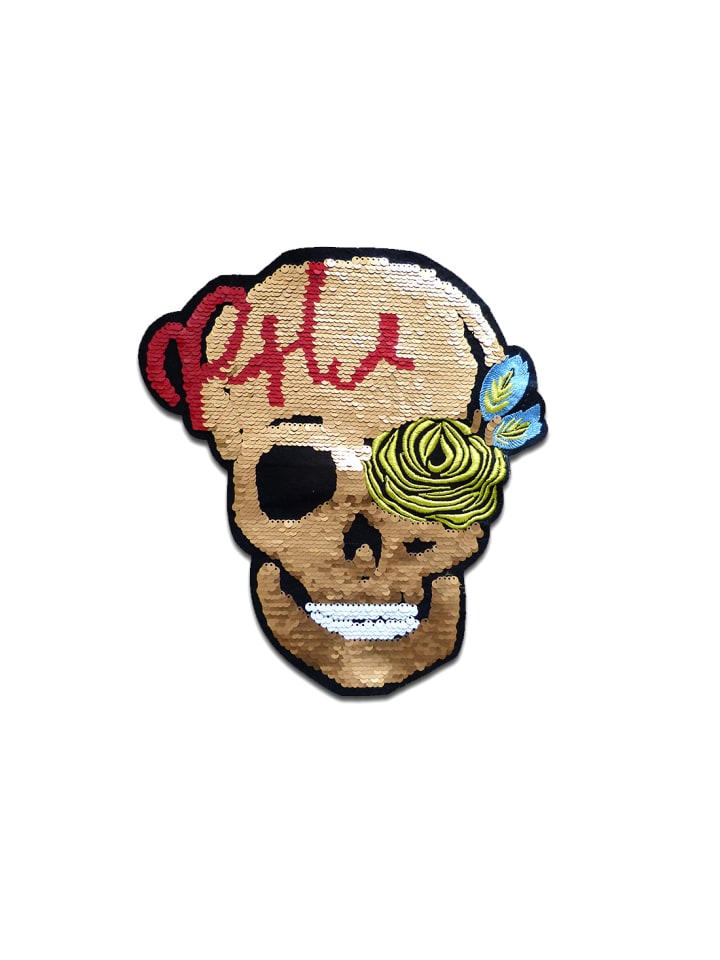 Xxl Totenkopf Rose Mit WendepaillettenApplikation Bügelbild ingoldfarben