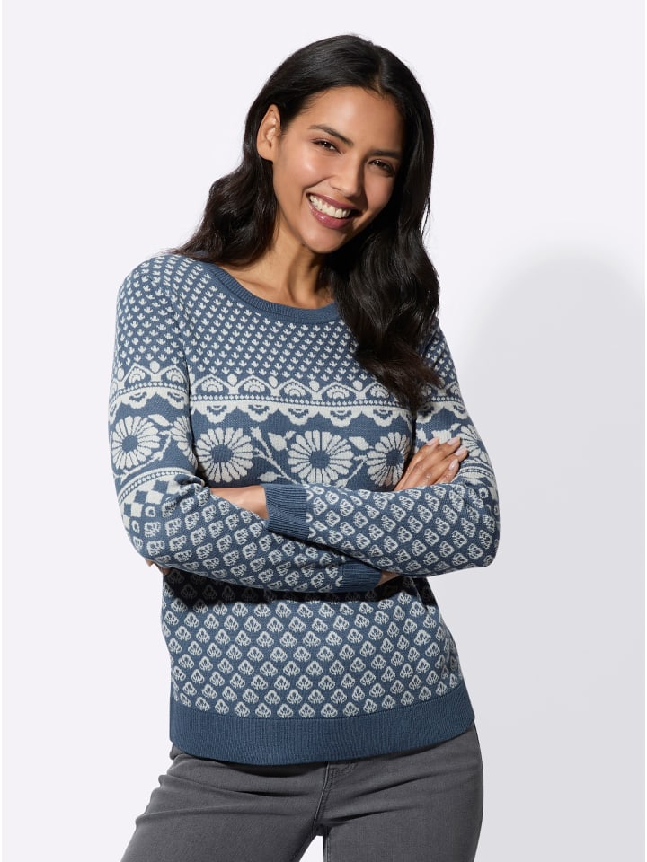 Rundhals-Pullover in rauchblau-champagner-gemustert