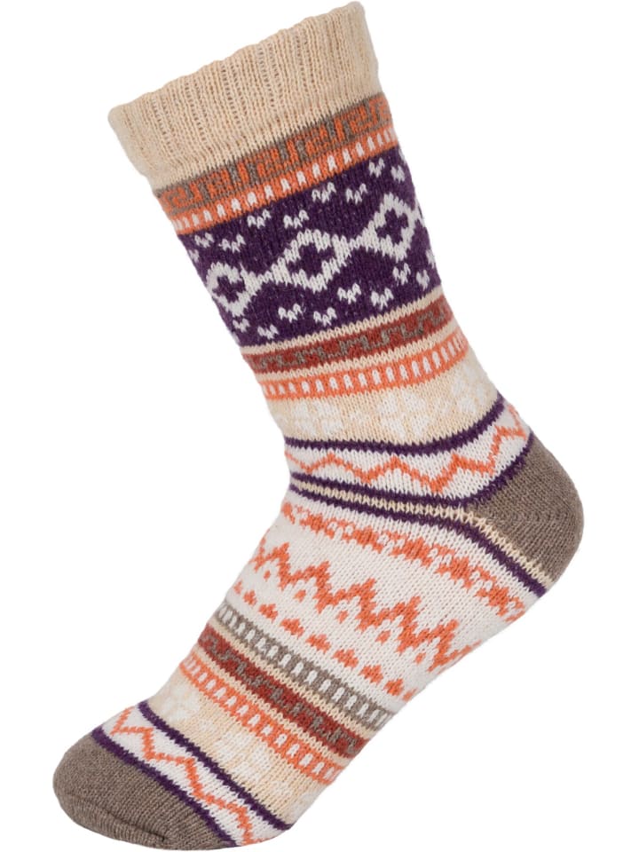 Stricksocken mit Norweger Muster in Beige-Taupe