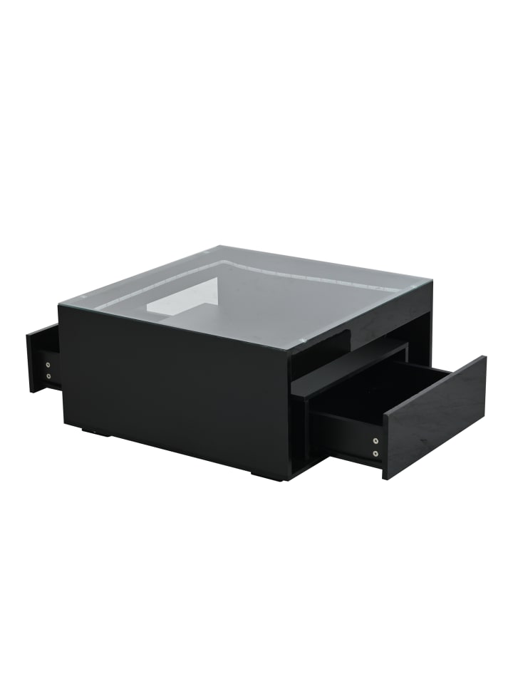 Couchtisch in Schwarz Hochglanz 70x70x35 cm mit LED 2 Schubladen Glas