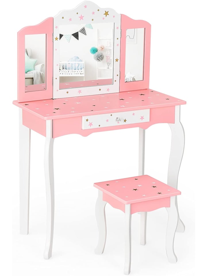 Schminktisch mit Hocker in Rosa