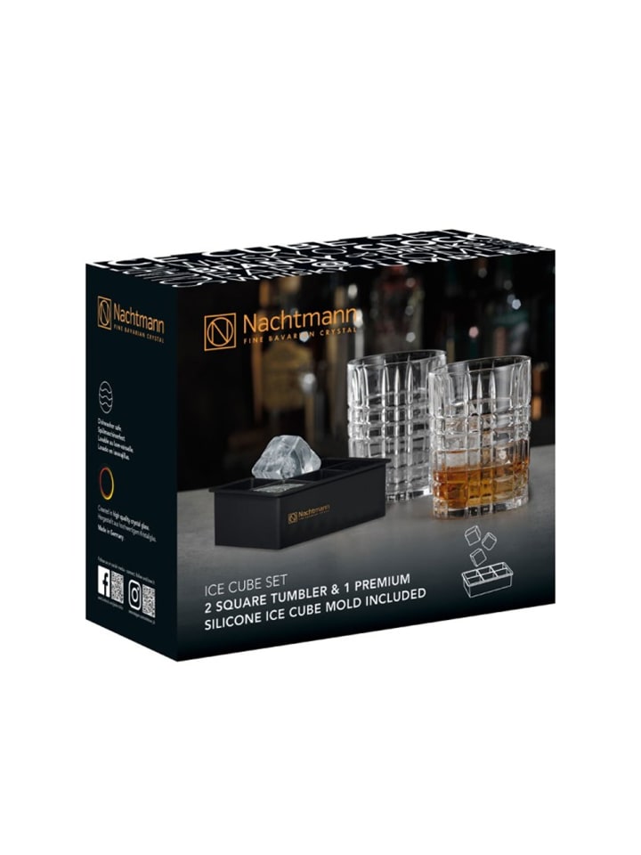 2 er-Set Square Ice Cube Whiskygläser + Eiswürfelform in Transparent
