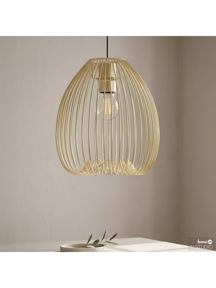 home24 Pendelleuchte 1-flammig aus Eisen in Schwarz, 24 x 150 x 24 cm in Gold