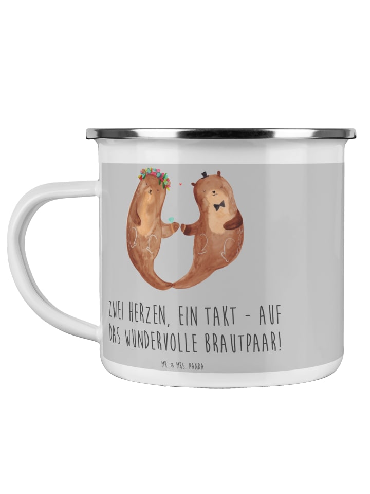 Emaille Becher Brautpaar Herzen mit Spruch in Heather Grey