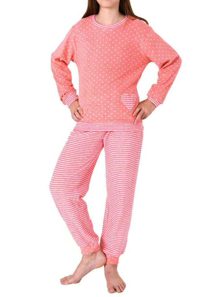 Frottee Pyjama langarm Bündchen Herz und Streifen - 59577 in Tupfen