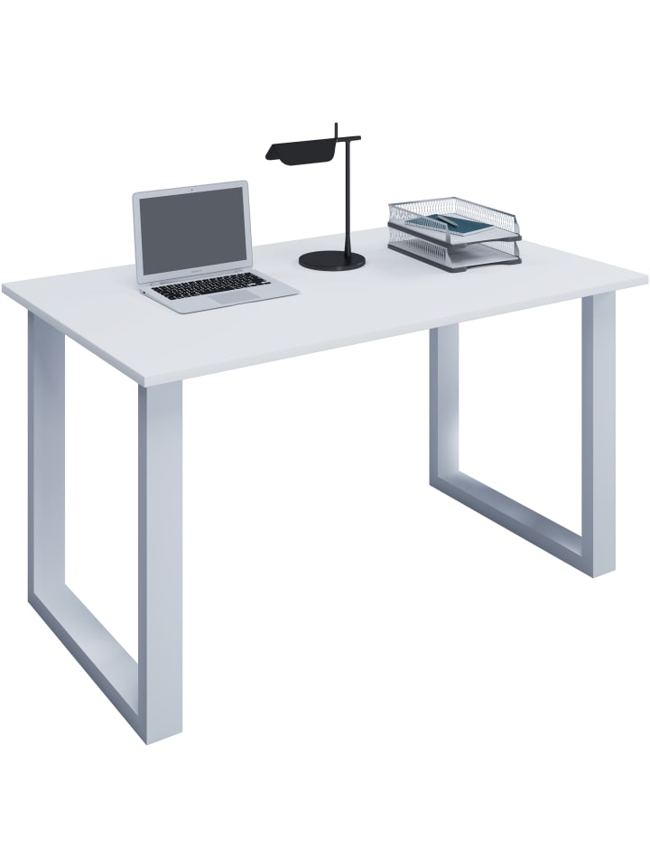 Holz Schreibtisch Computertisch Lona U Alu Silber in Weiß / Weiß