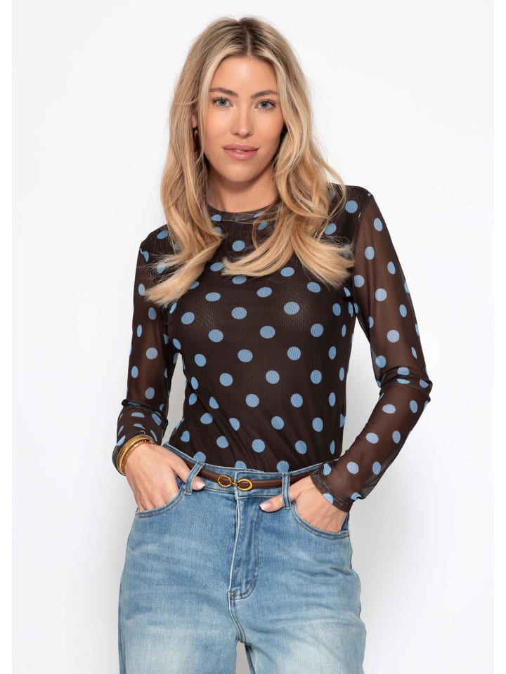 Mesh Langarmshirt mit großen Punkten in Blau