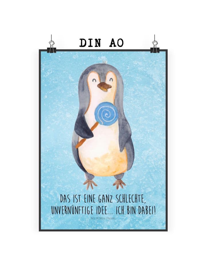 Wandbild Pinguin Lolli mit Spruch in Eisblau