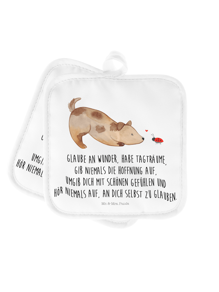 2er Set Topflappen Hund Marienkäfer mit Spruch in Weiß