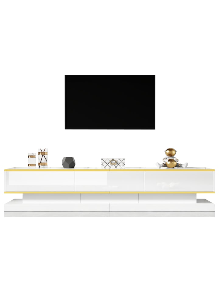 TV Schrank in Hochglanz mit 3 Schubladen goldener Kante 200x40x40 cm