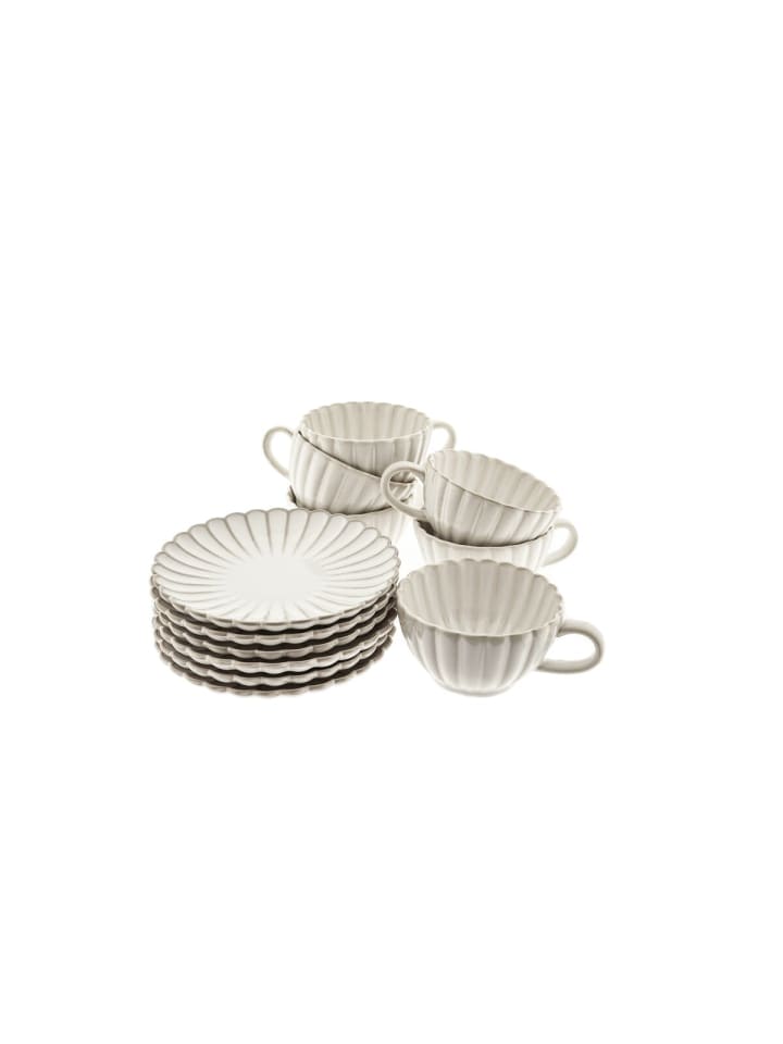 Bloomy Kaffeetassen-Set mit Untertellern 220 ml aus Porzellan - 12-tlg in Weiß