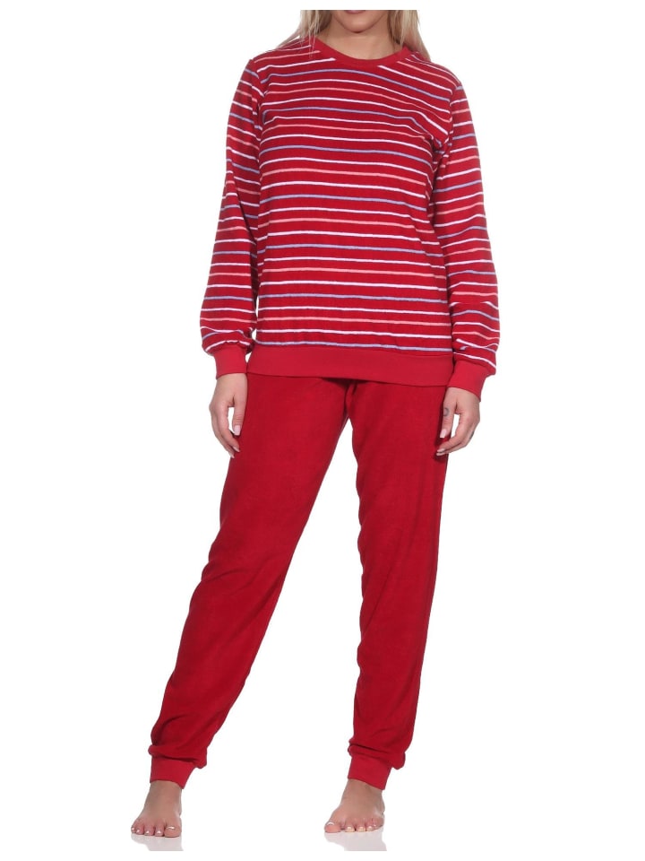 langarm Frottee Schlafanzug Pyjama Bündchen Streifen - 81740 in rot