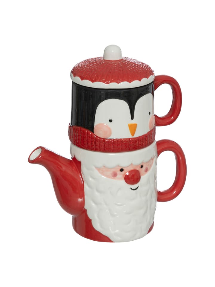 Teekanne und Becher mit weihnachtlichem Motiv in Mehrfarben, 21 cm