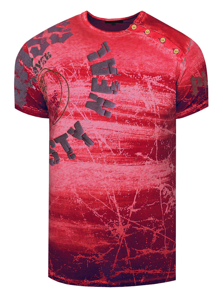 T-Shirt Verwaschen mit All-Over Print und Seitlicher Knopfleiste in Weinrot