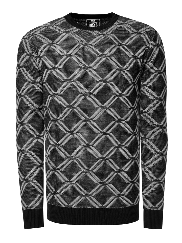 Feinstrick mit Karo-Muster Rundhals-Pullover in Schwarz / Grau