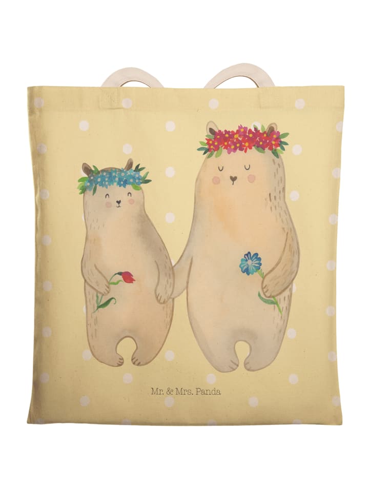 Henkeltasche Bären mit Blumenkranz ohne Spruch in Gelb Pastell