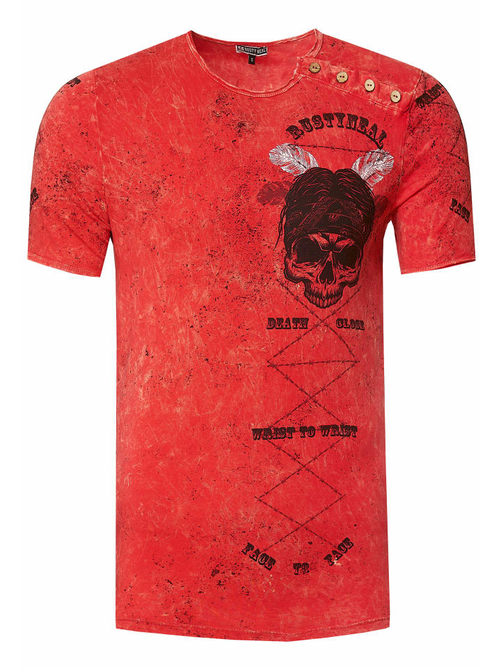 Verwaschenes Rundhals T-Shirt mit Knopfleiste und Prints in Rot