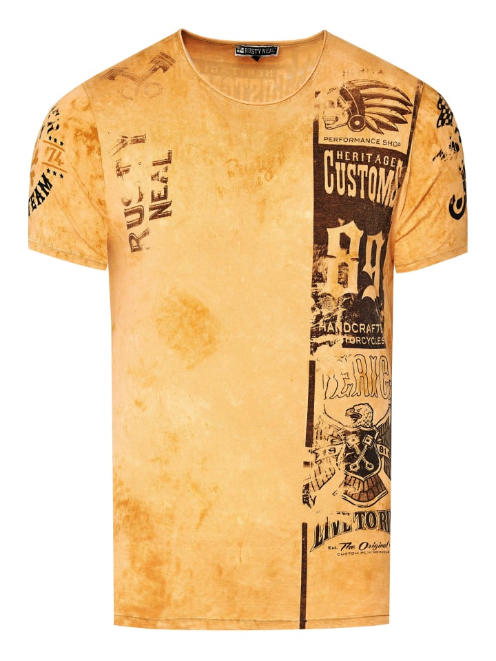 Washed Biker T-Shirt mit Front & Back Prints in Camel